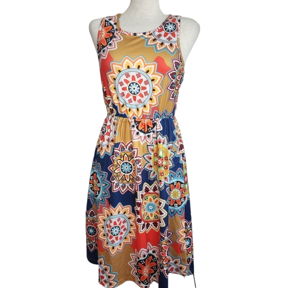 Ours Women's Floral Print Colorful Pockets Sleeveless Women's Dress Size M